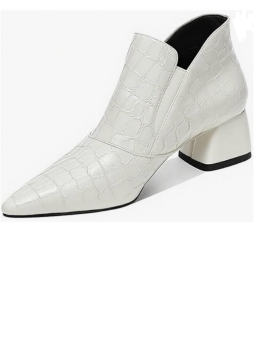 YDN White Pointed Toe Ankle Boots Chunky Low Heel Booties Pull on Elastic Shoe